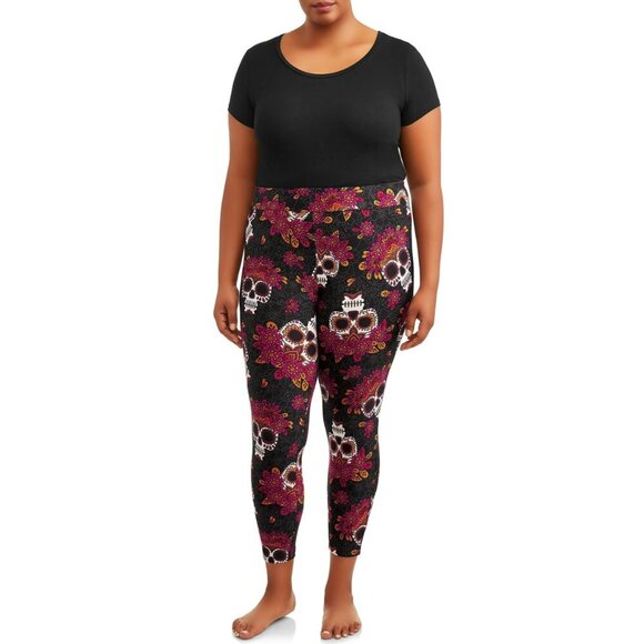 Terra & Sky Pants - Terra & Sky Full Length Sueded Leggings Skull Flower Crown Print Size Plus 2X